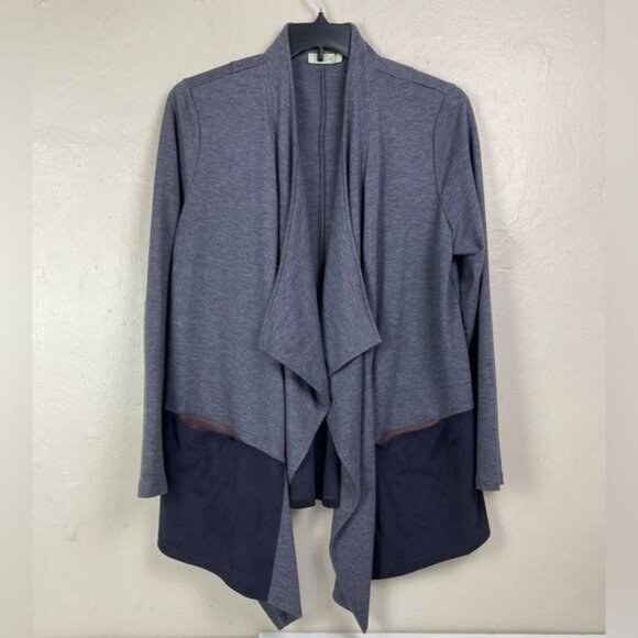 LOGO Lori Goldstein Blue French Terry Cardigan sz Large Open Waterfall Neckline - Picture 1 of 10